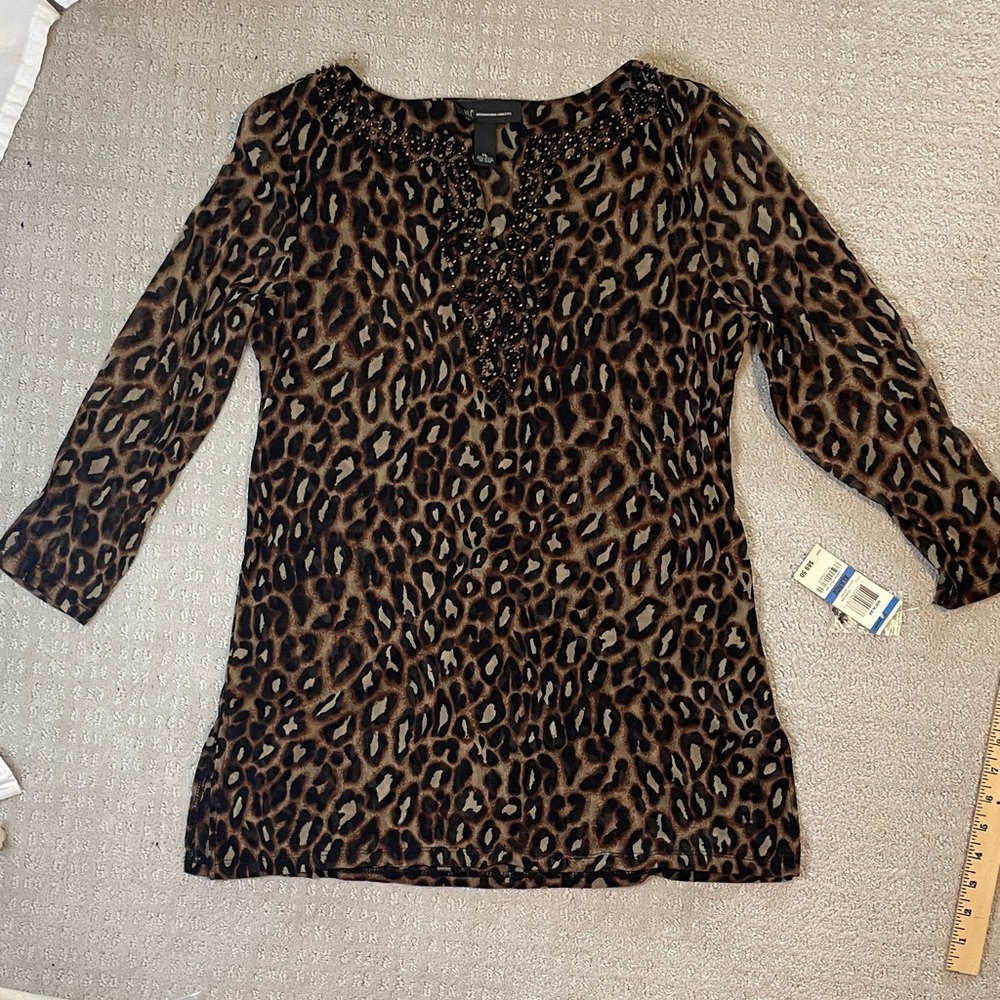 NWT - INC International Concepts Leopard Print Women's Top with bead detail XL